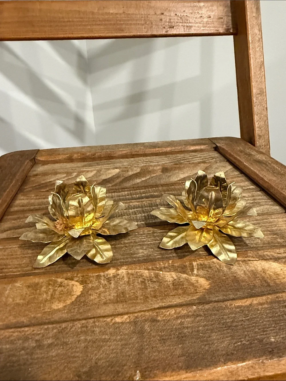 Vintage Gold Tone Metal Flower Taper Candle Holders Set of 2